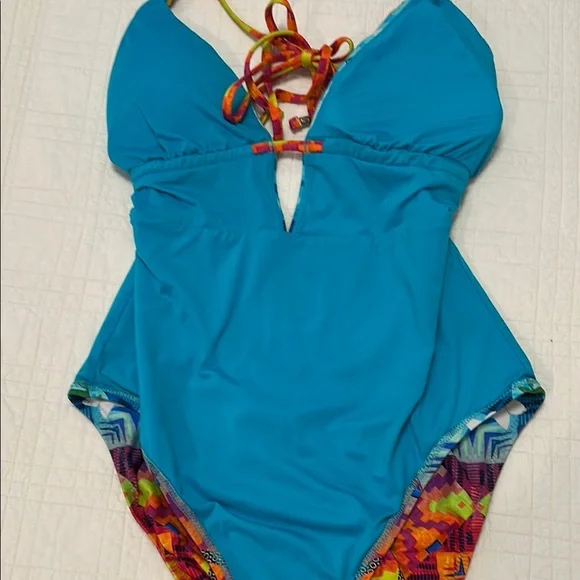2/$50 Nanette Lepore Multi Color Keyhole Plunging Neckline One Piece Swimsuit - Picture 6 of 11